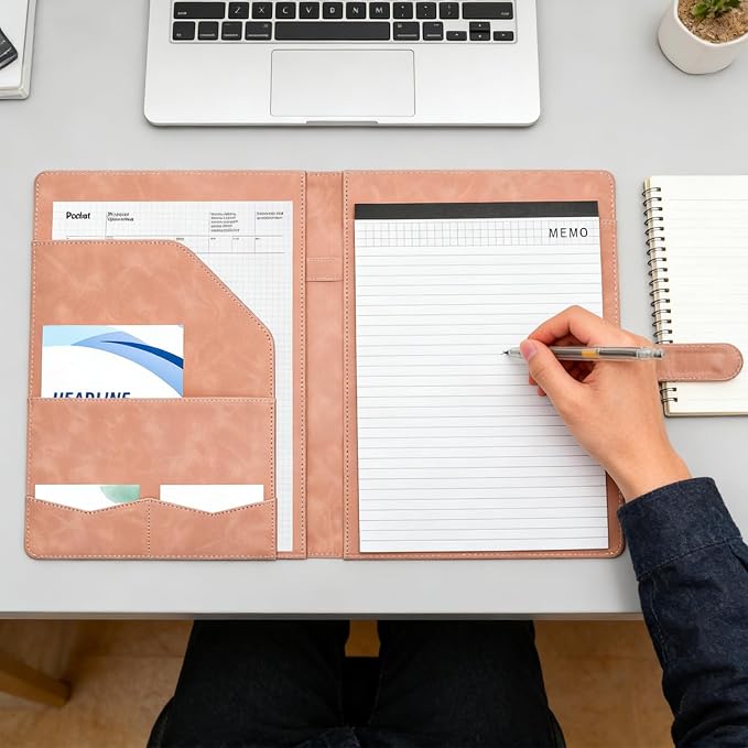 VANRA Padfolio Portfolio Binder Faux Leather Interview Resume Folder with Notepad, Document Organizer Card Holder, Letter-Sized Notepad Portfolio Organizer for Business School Office (Pink)