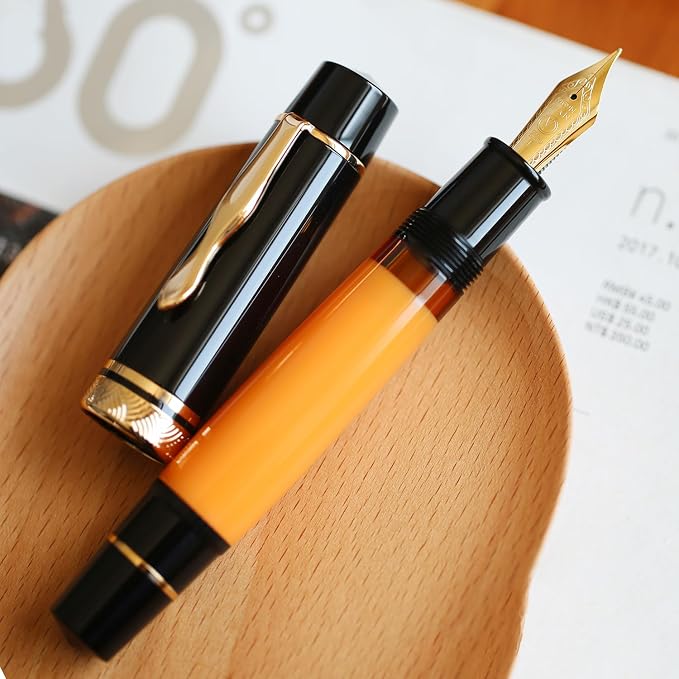 erofa Majohn P139 Fine Nib Resin Fountain Pen, Brass Piston System Large Capacity Writing Pen with Box, Black Yellow