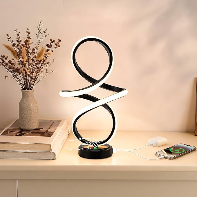 Mayful Modern Spiral Table Lamp, Black Small Nightstand Lamp with USB C & A Ports, Touch Control Dimmable with 3 Color Temperatures,Unique LED Bedside Lamps for Bedroom Living Room Nightstand Office