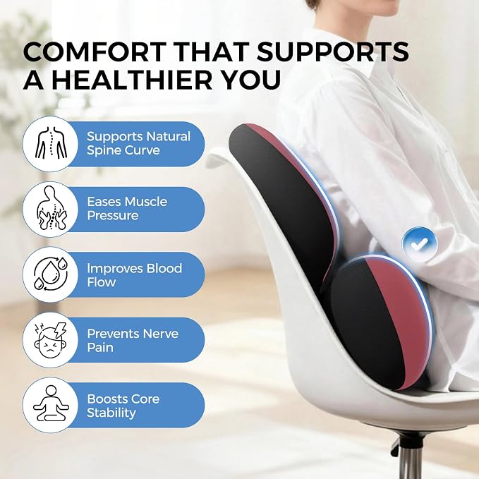BEBAS Lumbar Support Pillow for Car, Ergonomic Memory Foam Back Cushion for Driving, Lower Back Support for Pain Relief, Lumbar Cushion for Car Seats, Office Chairs, Wheelchairs - Red