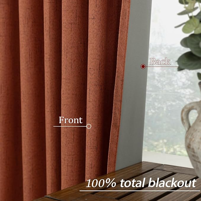 KOUFALL Fall Curtains for Kitchen Window Over Sink,Terracotta Rust Short Blackout Linen Boho Farmhouse Retro Vintage Curtains for Bedroom 45 Inches Long