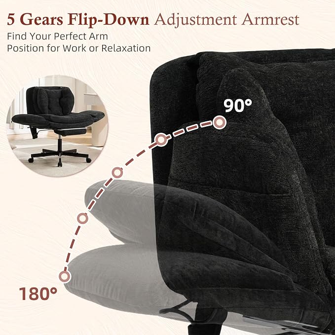 Criss Cross Office Chair with Footrest and 5-Gear Adjustable Arms, Black | Wide seat cross-legged desk chair, flip lumbar pillow, airbag support, linen fabric, for home office, vanity and meditation