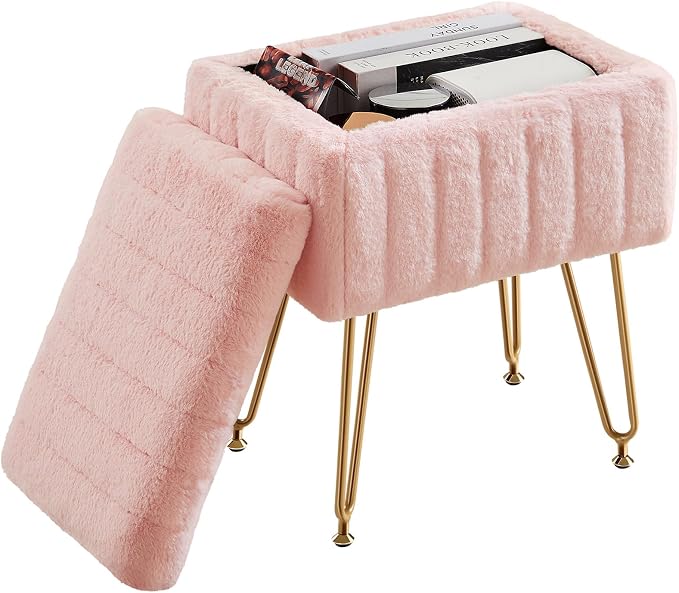 Sweetcrispy Vanity Stool Chair with Storage, 18.9”H x 16”L x 12.2”W Ottoman Chair Faux Fur Soft Padded Makeup Footstools Seat with 4 Metal Legs Anti-Slip Adjustable Feet for Make Up, Pink