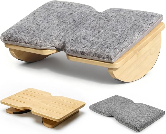 Bamboo Foldable Foot Rest Under Desk with Washable Cushion,Ergonomic Foot Stool,Rocking Footrest for Under Office Desk, Desk Leg Rest for Home Office (Natural Color)