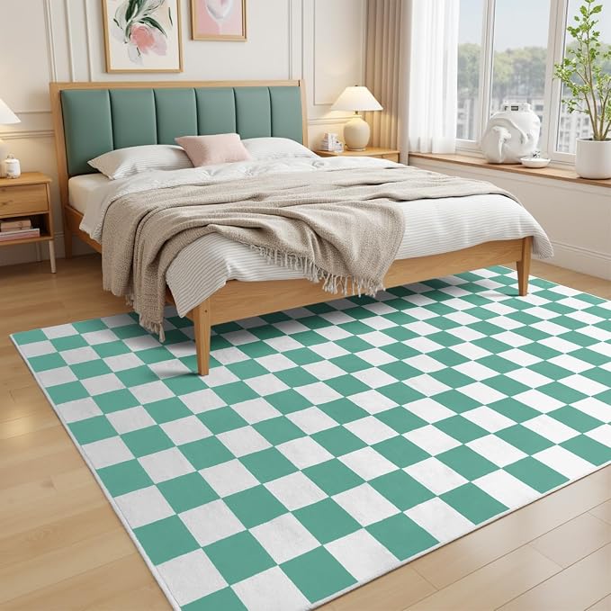 Terrug Green and White Checkered Rug for Living Room,5x7 Area Rugs Washable with Non Slip for Bedroom,Soft Low Pile Stain Resistance Retro Carpet for Dorm Kids Room