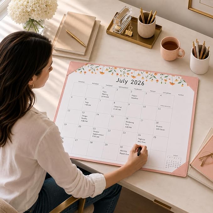 Gannyfer Desk Calendar 2026-2027 with Desktop Mat, Large 22" x 17" Desk Pad Calendar, 18-Month Calendar Use Now Through Jun 2027, Office Supplies for Home School Office, Pink with 6 Stickers