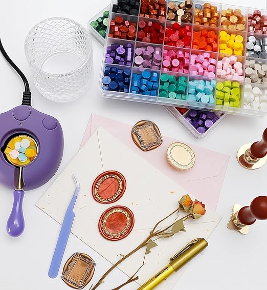 Frame Wax Stamp Kit, 624Pcs Sealing Stamp Beads Set with Electric Wax Seal Warmer, 3D Embossed Frames Relief Carve Stamps Waxing, Gold Pen,Tweezer (Set01)