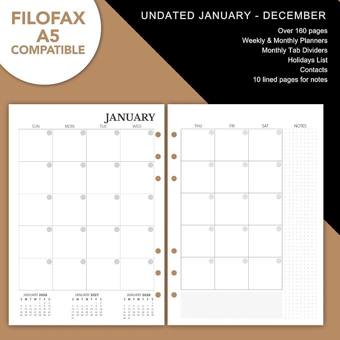 Wanderings Undated Monthly & Weekly Planner Inserts for A5 6-Ring Binder – 12 Months, Jan–Dec | Hourly Weekly Spreads, Contacts & Notes | Filofax Compatible | 120 GSM | 5.5" x 8.25"