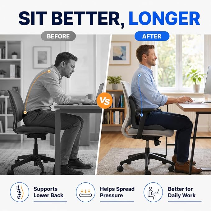Ergonomic Memory Foam Seat Cushion with Back Support, Office Chair Cushion | L-Shaped Integrated Design with Lumbar Support and Tailbone Cutout for Office, Car, Computer, Dining Chairs (Black & Gray)