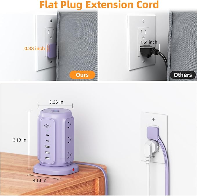AiJoy Flat Plug Power Strip Tower with 9 AC Outlets and 5 USB Ports | USB Charging Station with 1200J Protection, 6 Feet Extension Cord for Apartment Essentials, Desk Accessories for Women