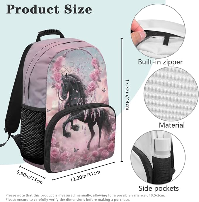 Black Horse Backpack Set - 4Pcs Dreamcatcher Backpacks for Girls Ages 6-10 - Kids Bookbag with Lunch Box & Pencil Case - 17 Inch School Bag for Elementary Back to School