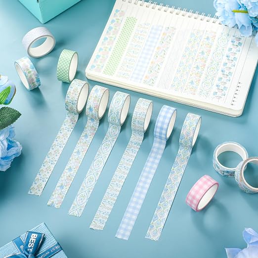 12 Rolls Watercolor Floral Washi Tape Set 15 mm Vintage Flower Decorative Masking Tape for Summer School Arts DIY Craft Scrapbook Journal Supplies Gifts(Pink and Blue,Flowers)