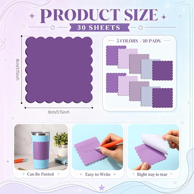 Epakh 10 Pack Scalloped Sticky Notes Bulk 3"x3" Cute Aesthetic Memo Pads 5 Gradient Colors Wavy Self Notepads for Office Study and Daily Life Organization, 300 Sheets(Purple)