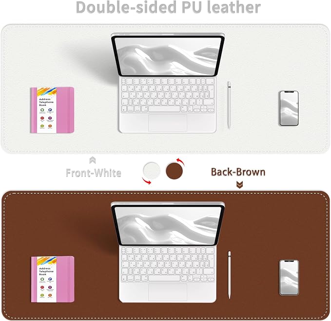 Double-Sided Office Desk Mat, Large Mouse Pad, Waterproof PU Leather Protective Pad, Laptop Desk Pad, Dual Use Cover Protector for Office/Home Keyboard (White+Brown, 31.5''×15.8'')