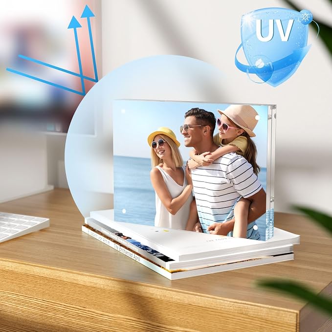 AITEE 5x5 Acrylic Picture Frames 3 Pack, Clear Picture Frames，20% Thicker | Freestanding Double Sided Magnetic Acrylic Lucite Frameless Transparent Square Frame Block Gift for Desktop Display