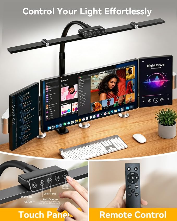 LED Desk Lamp with Clamp, 24W 3-Panel Light for Dual Monitors | 1800 Lumens, 96 LED, 3 Adjustable Panels, 360° Gooseneck, 2700K-6500K Color Temps, Remote, Touch Control, Memory Function