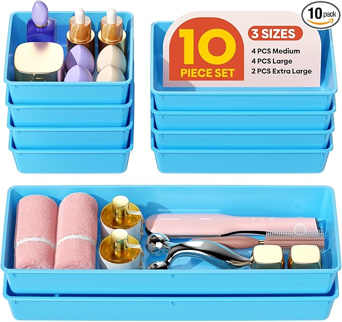 10 Pack Large Size Plastic Drawer Organizers Set, 3 Sizes Desk Drawer Organizer Trays, Storage Bins for Vanity, Makeup, Bathroom, Kitchen Utensils and Office (Blue)