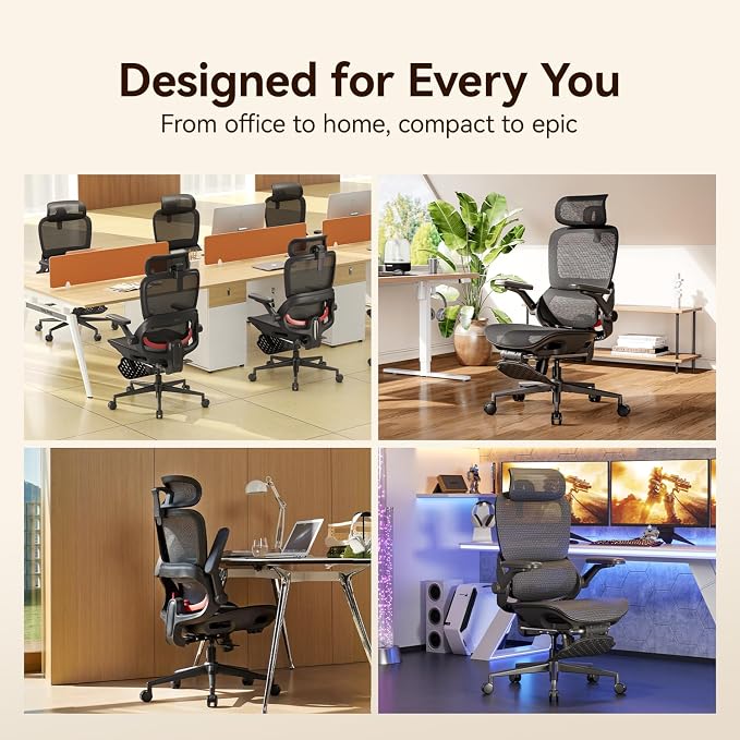 SIHOO B100 PRO Ergonomic Office Chair with Footrest, Mesh Office Chair with Adaptive Lumbar Support, Computer Chair with Wide Headrest, Desk Chair with 360° Rotatable Flip-Up Armrests, Black