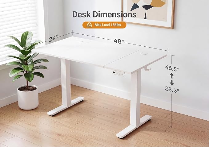 YDN Electric Standing Desk, 48x24 Inch, White | 3 Memory Presets, Cable Management, Adjustable Height, Sit Stand, Computer Workstation, Home Office