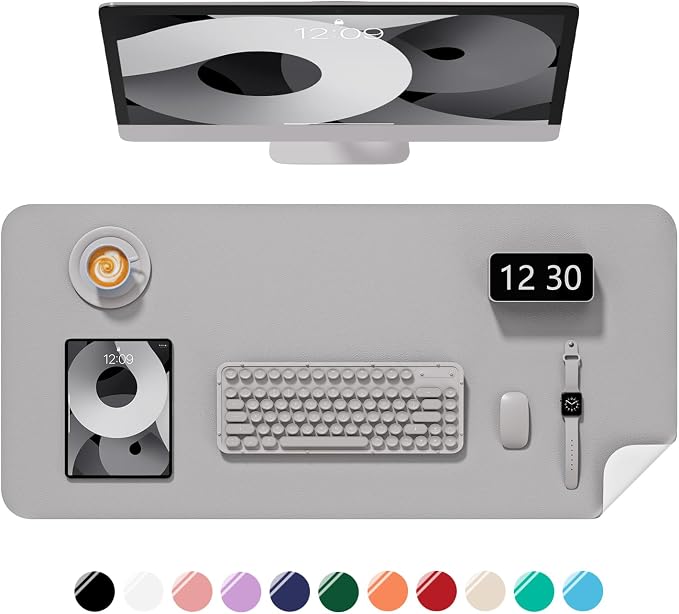 Desk Pad, 23.6" x 13.8" PU Leather Non-Slip Desk Mat Large Mouse Pad for Desktop, Waterproof Laptop Computer Writing Mat for Office, Home, Work, Gaming, Silver