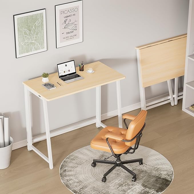 DUMOS 31.5 Inch Folding Desk, Foldable Computer Table for Small Spaces, Metal Frame Gaming Writing Work Station, Mini Home Office Surface, Oak