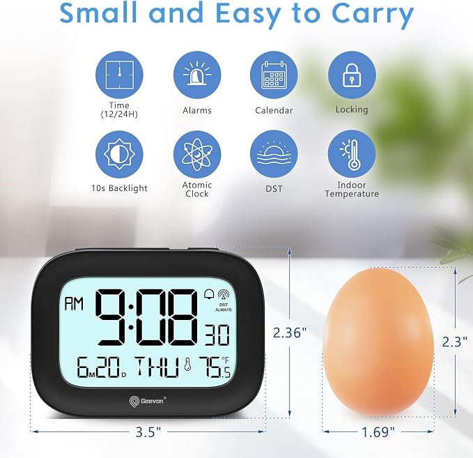 Geevon Travel Alarm Clock Battery Operated with Temp & 10s Backlight | 3 Inch LCD Display Clock, Portable with Snooze, Perfect for Home Office Kitchen Bedroom Outdoor, Nice Gift for Any Occasion