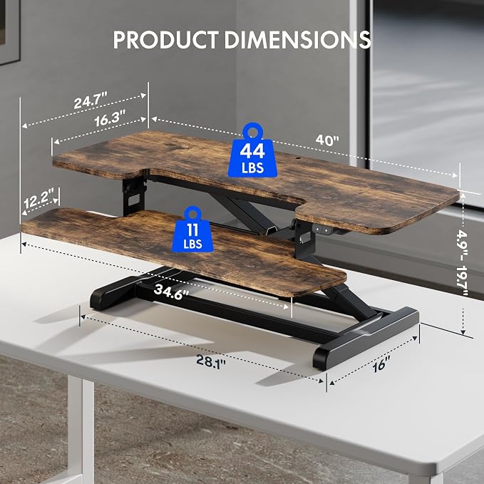 FLEXISPOT 40" Electric Standing Desk Converter, Motorized Sit to Stand Desk Riser, Height Adjustable Desktop Dual Monitor Workstation with Large Keyboard Tray, Rustic Color