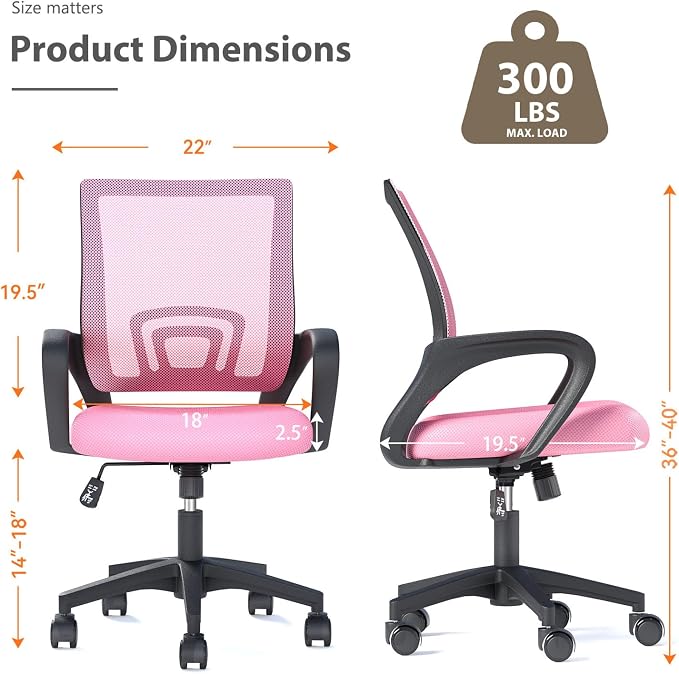 OS MOTOR Ergonomic Mid-Back Mesh Office Chair (Pink) | Lumbar Support, Adjustable Height, Swivel Rolling Design, Comfy Armrest, Home, Office, Work, Study, Gaming, Vanity