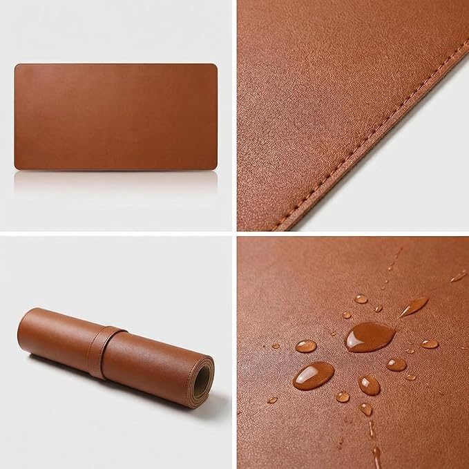 Leather Desk Mat, 24"x55" Office Desk Pad, Thick Premium Table Pad with Stitched Line, Non-Slip Laptop Writing Pad with Suede Sole (Brown)