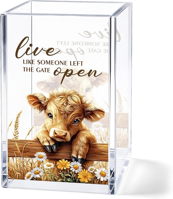 Highland Cow Acrylic Pen Holder Cup, “Live Like Someone Left the Gate Open” Desk Decor, Cute Cow Pencil Holder Organizer, Farmhouse Office Accessories, Gift for Women