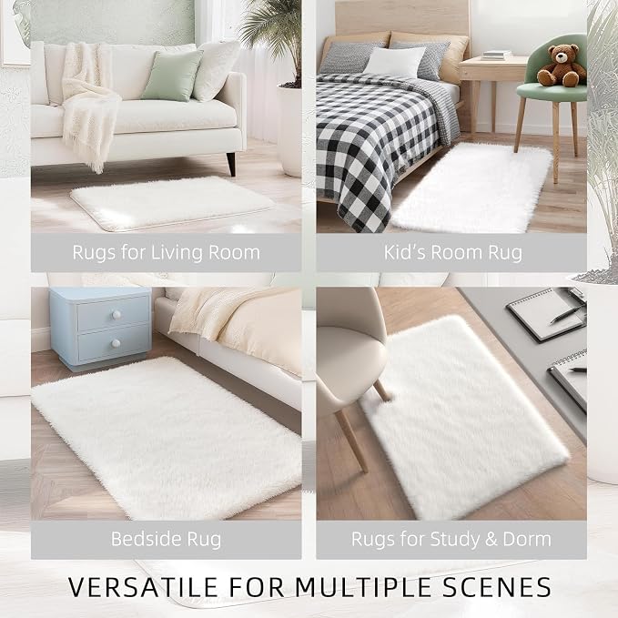 Shag White Rug Small 2x3 Area Rugs for Bedroom Dorm Living Room - Non Slip Ultra Fluffy Shaggy Bedside Area Rugs for Kids Room, Girls Room, Study, Office, Entryway, Playroom, Modern Carpet