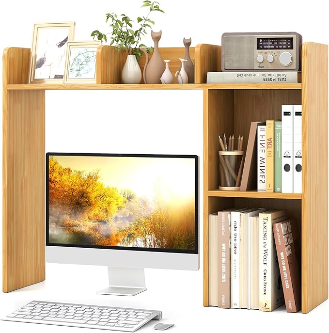 Tangkula Desktop Bookshelf, Countertop Storage Hutch with Shelves for Computer Desk, Desk 3-Tier Display Rack, Multipurpose Wood Desktop Hutch Storage Organizer for Dorm Office