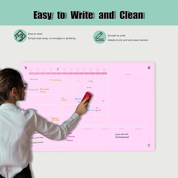 Large Acrylic Calendar for Wall,24"X16",Acrylic Dry Erase Calendar for Wall,Pink Dry Erase Board for Home/Office