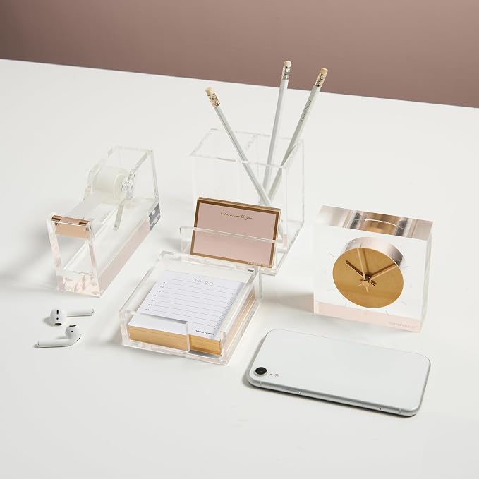 russell+hazel Acrylic & Gold Desk Clock, Clear | Keeps time with upscale style on a desk or shelf. A clear acrylic clock with an etched face & gold-toned brass accents.