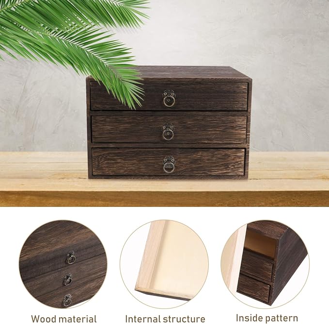 Cabilock Solid Wood Desktop Drawer Organizer Vintage Retro Desk Drawer Box with Pull Ring Counter Top for Office Supplies Home Desk Storage 10.03 X 9.64 X 6.49 Inches