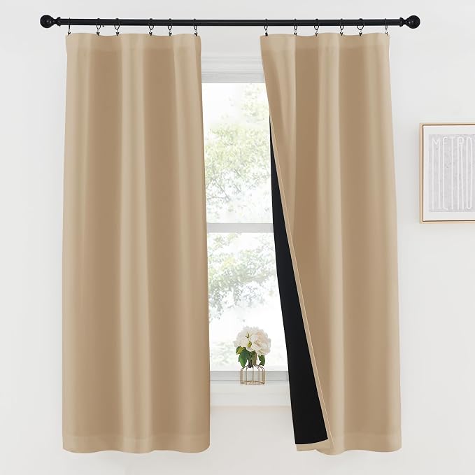 NICETOWN Biscotti Beige 100% Blackout Lined Curtains, 2 Thick Layers Completely Blackout Rod Pocket Thermal Insulated Drapes for Kitchen/Bedroom (1 Pair, 37 inches Width x 63 inches Length Each Panel)