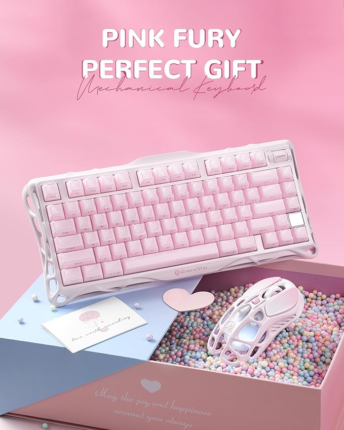 GravaStar Mercury K1 75% Pink Wireless Keyboard, Aluminum Alloy Exoskeleton Design Mechanical Gaming Keyboard, Gasket Hot-Swap Socket, Linear Switches, RGB Backlit【Sakura Pink】