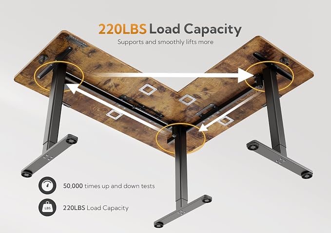Claiks L Shaped Standing Desk Dual Motor 63 x 55 Inch Rustic Brown | Height 28.5-47.2 Inch, 220 Lbs Capacity, Splice Board, Sturdy Steel Frame, Home Office Corner Desk