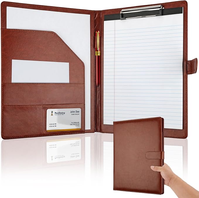 Professional Padfolio with Clipboard, Faux Leather Portfolio Folder Binder, Legal Pad Holder for A4 Letter Size Notepad, Resume, Writing Pad, Ideal Organizer for Business Office Conference (Brown)