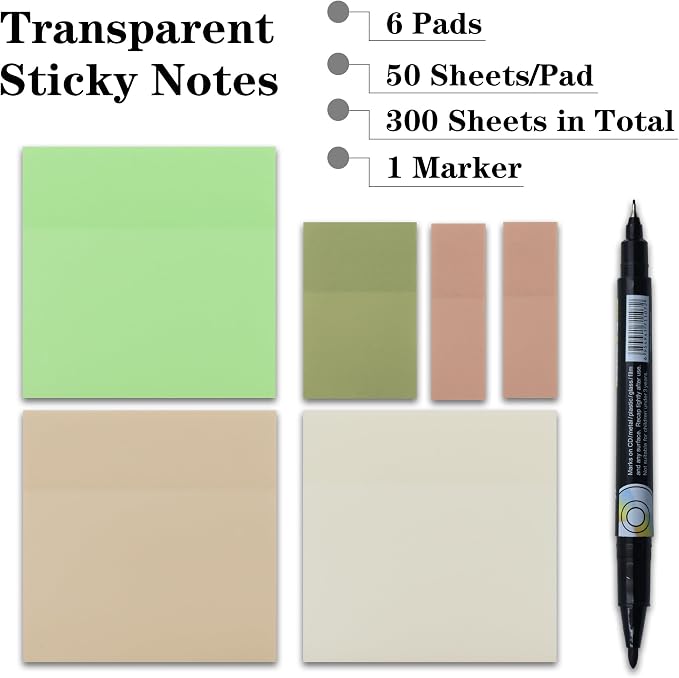 YOUDEFUL Translucent Sticky Notes, 3"x3" Cute Clear Transparent Page Flags Book Markers Stickers, Planner Accessories Sticky Notes, Bible Journaling Study Office School Supplies