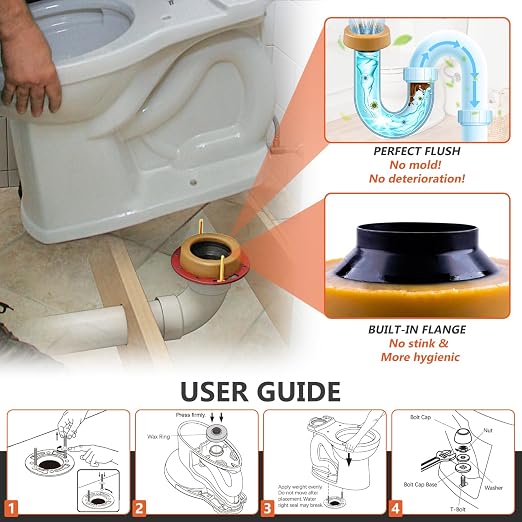 Extra Thick Toilet Wax Ring Kit Include Closet Bolts, Bolt Caps, Thick Flange and Retainer Washers, Fits 3 Inch and 4 Inch Waste Lines for Toilet Gas Odor and Watertight Sealing