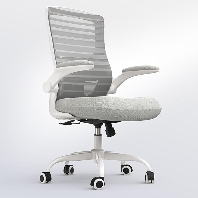 Office Chair for Long Hours & Back Pain Relief – 4" Molded Foam Cushion, Padded Lumbar Support, and Padded Flip-up Armrests, Ideal for Office or Study, Light Gray