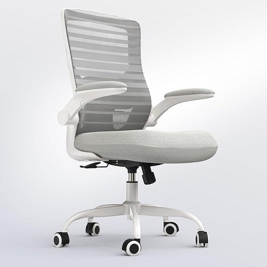 Office Chair for Long Hours & Back Pain Relief – 4" Molded Foam Cushion, Padded Lumbar Support, and Padded Flip-up Armrests, Ideal for Office or Study, Light Gray