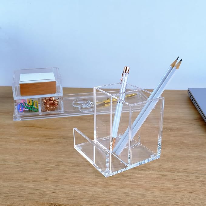 Clear Acrylic Desk Organizer 4-Piece Desk Kit + Free Complimentary Acrylic Ruler, Desktop Organization for Office or Home