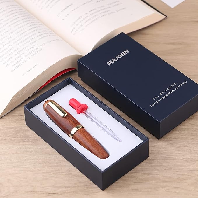 Majohn Q1 Fountain Pen Fude Pen Bent Nib Brown Wood, Little Fat Man Eyedropper Filling Pocket Pen Large Capacity