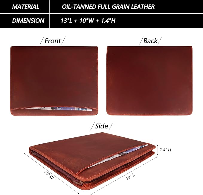 JinRuiKJ Full Grain Leather Portfolio with Zipper, Professional Business Organizer for Men Women, Executive Resume Folder with A4 Notepad Holder, Card Slots, Pen Loop, 10x13'', Luxury Gift Set (Red)