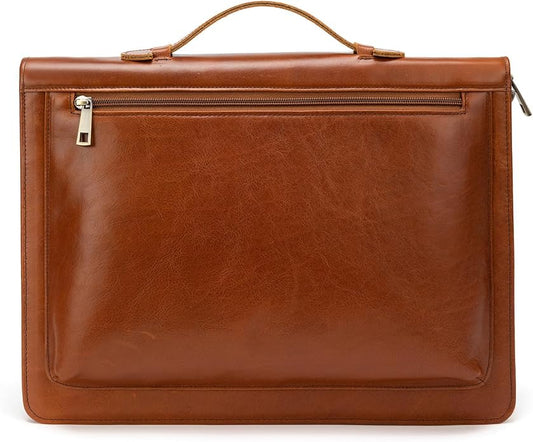 YIWEN Handmade Leather Portfolio with Handle – Zippered Front Pocket, Clip for Letter Size Notepad, Business Travel Padfolio