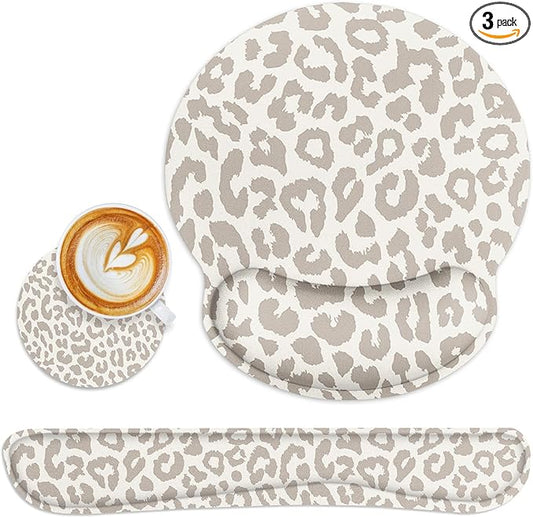 Britimes Leopard Light Khaki Animal Skin Ergonomic Mouse Pad Set with Wrist Rest Non-Slip Rubber Base Wrist Cushion Support and Coasters Mousepad with Wrist Support for Computer Keyboard and Desk