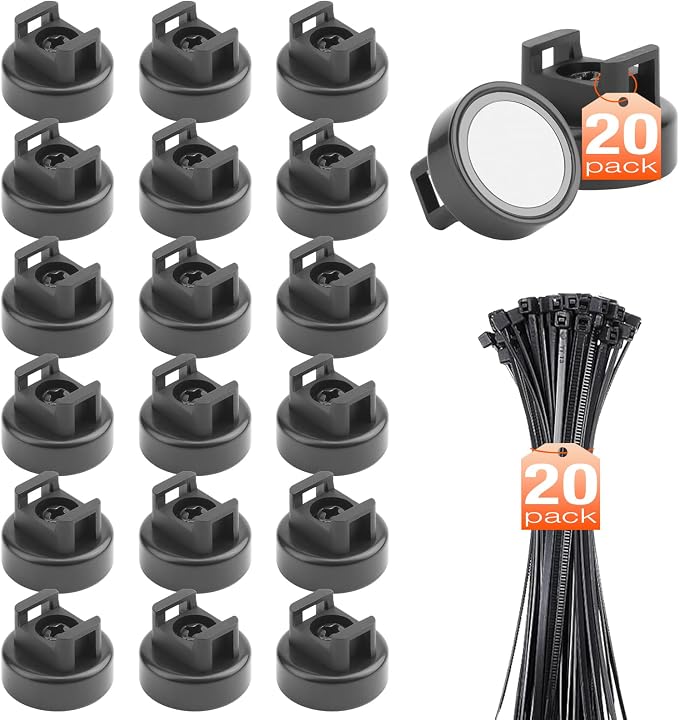 Magnetic Cable Holder, 20mm Zip Tie Mounts, Wire Holder, Cable Clips, Magnet Cable Tie Holders, Black Multipurpose Management, 20pcs Magnets With 20pcs Cable Zip Ties