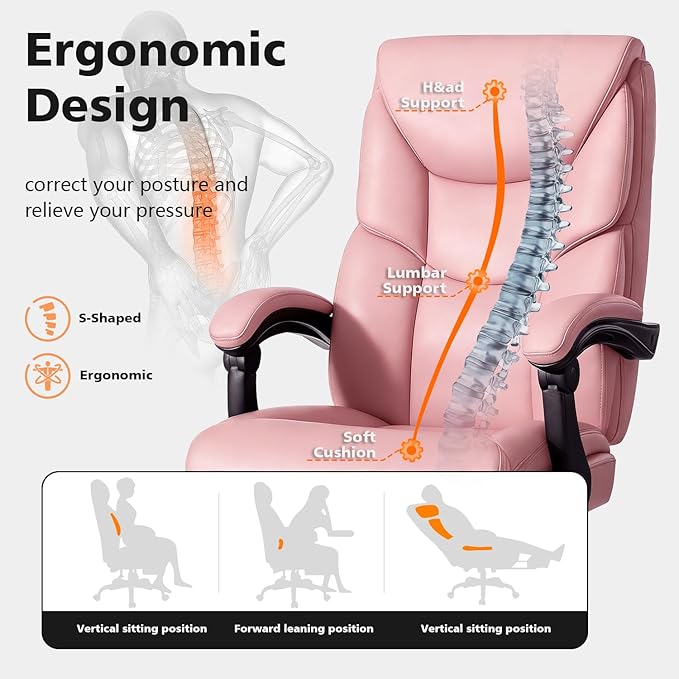 WAILOR 400lbs Office Chair with Foot Rest, Reclining Big and Tall Office Chair with Lumbar Support, High Back PU Leather Computer Chair,Comfy Desk Chair for Home Office (Pink)